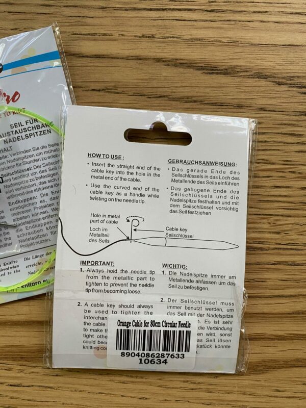 back of circular needle cable packaging with instructions of how to use with needle tips